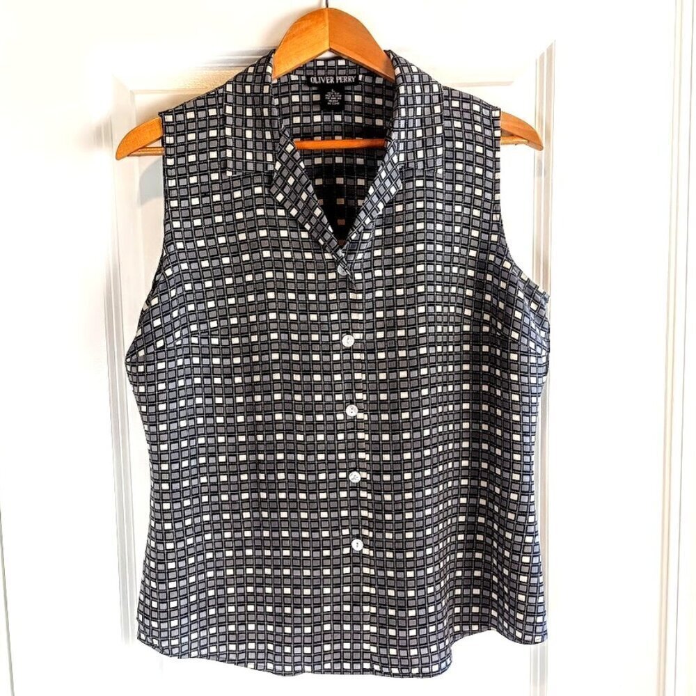 Oliver Perry Grey Geometric Check Print Sleeveless Silk Blouse